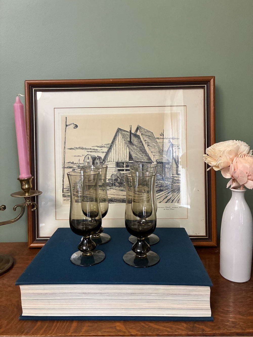 Set of 4 Vintage Smoky Glass Goblets | Tall Stem Water / Wine Glasses